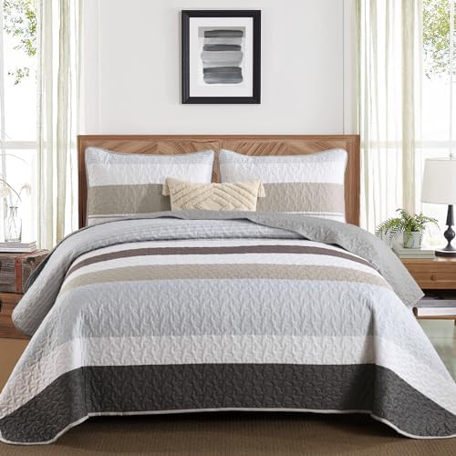 Boho Quilt Set Full Size 3 Pieces Grey Striped Bedding
