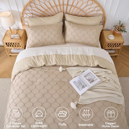 KAKKI Queen Beige Comforter Set - 3 Piece Boho Bedding