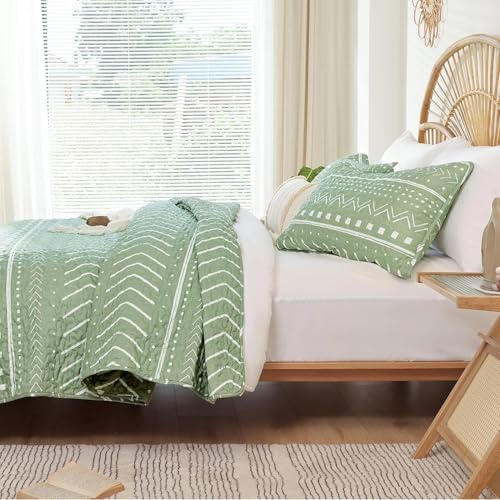 JANZAA Boho King Quilt Set 3PCS Sage Green
