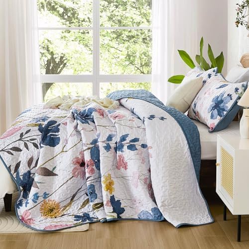 Anibedding Dark Blue Floral Quilt Set King