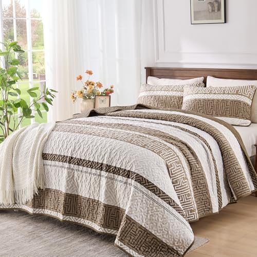 DJY Queen Size Brown Striped Quilt Set 3 Pcs