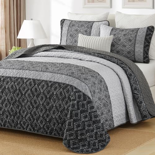 Cottolester Boho Quilt Set 3 Pieces Full Size Grey Striped Plaid