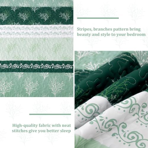 DJY Boho Quilt Set with 3 Pieces King Green Striped Floral Bedspread