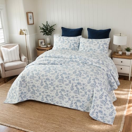 Brandream Cotton Toile Quilt Set 3-Piece Blue and White