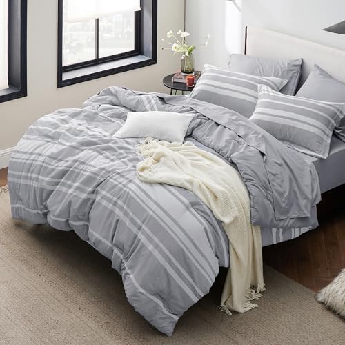 Bedsure California King Comforter Set 7 Piece Grey Striped