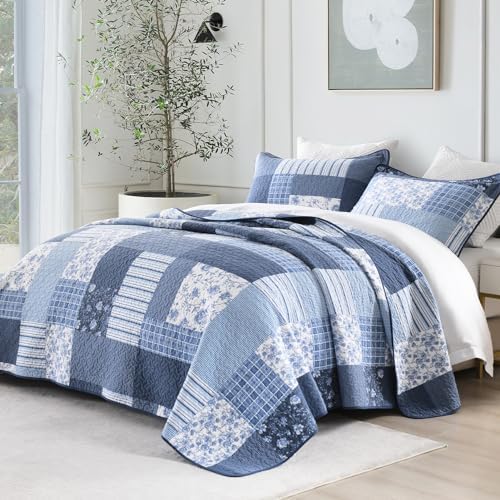 PANGUSHAN 100 Cotton King Quilt Set - Floral Patchwork 3pcs BlueWhite 1