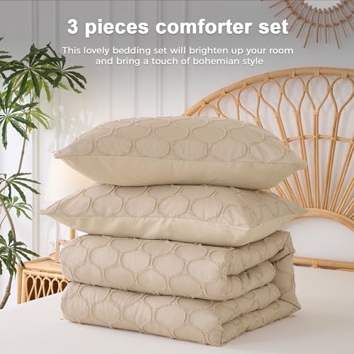 KAKKI Queen Beige Comforter Set - 3 Piece Boho Bedding