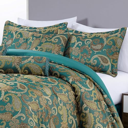 Chezmoi Adelle 7-Piece Paisley Comforter Set California King Teal 1