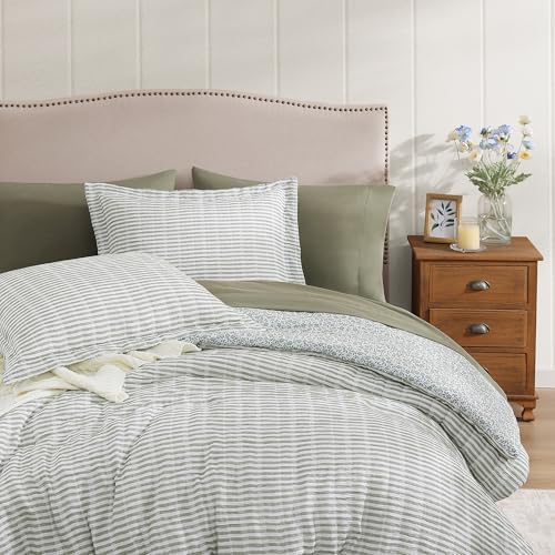 BLOOMHAVEN Full Comforter Set 7 Pieces Green Gauze Muslin Bedding
