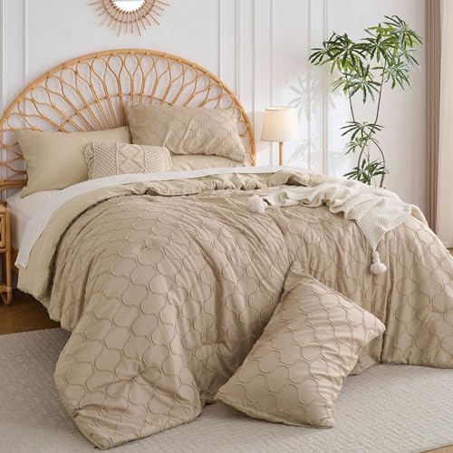 KAKKI Queen Beige Comforter Set - 3 Piece Boho Bedding