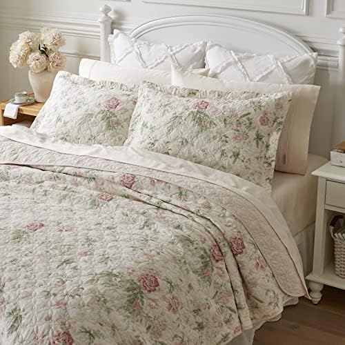 Laura Ashley Queen Quilt Set - Reversible Cotton Bedding with Shams