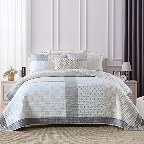 PANGUSHAN Queen Quilt Set 3 Pieces 100 Cotton Reversible Patchwork Quilt