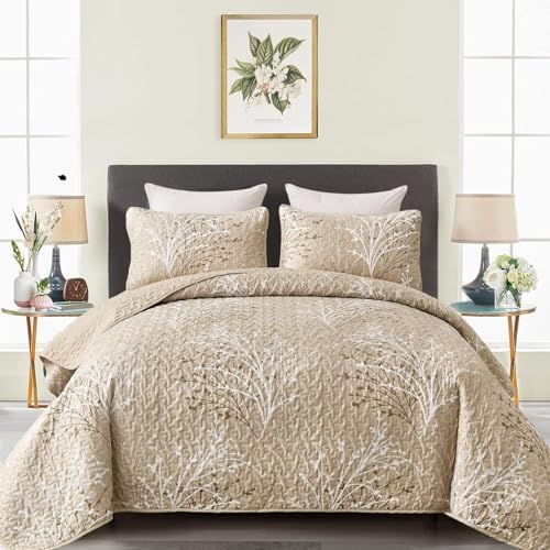 DJY Beige Botanical Quilt Set King Size 3 Piece