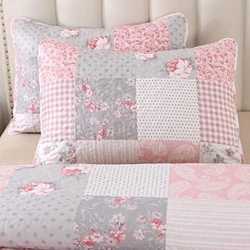 VIVILINEN King Size Reversible Quilt Set with Floral Patchwork