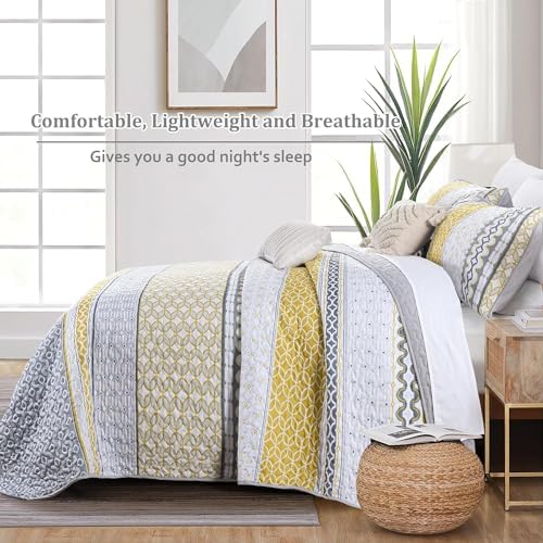 DJY Boho Yellow Grey Striped Quilt Set