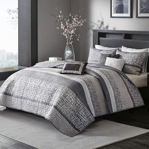 Madison Park King Quilt Set with Glitter Accent Chevron GreyTaupe