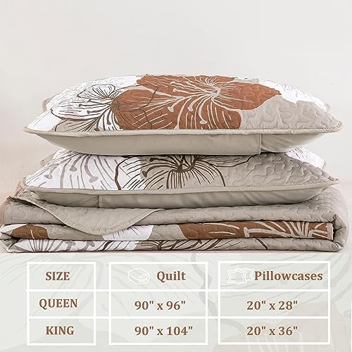 DJY 3 Piece King Taupe Floral Quilt Set