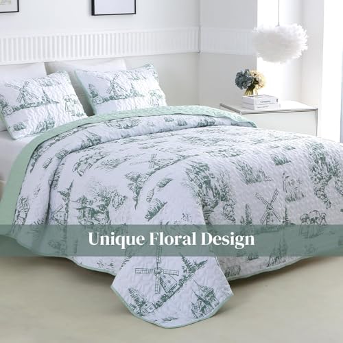 Sage Green Botanical Quilt Set King Size 3 Piece