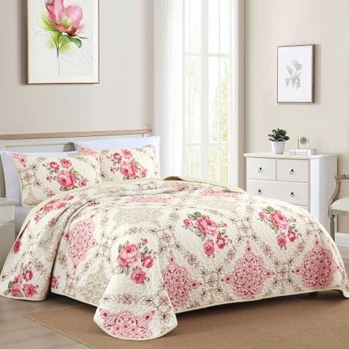 Menghomeus Pink Big Floral Reversible Quilt Set