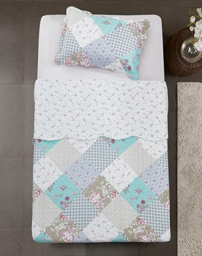 Brilliant Sunshine Blue Green Rose Quilt Set Twin