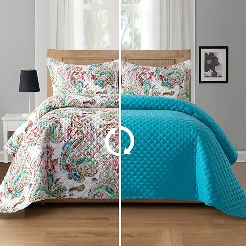 Elegant Comfort Reversible Paisley Quilt Set - Queen Turquoise