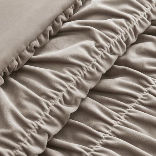 Wonderful Ruched Velvet Quilt Set Queen Size Light Brown