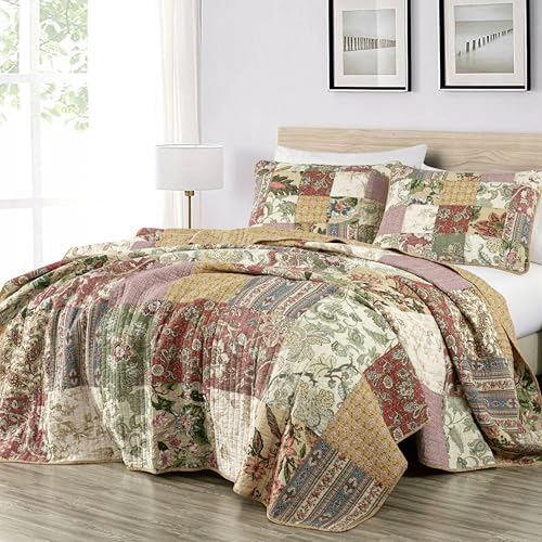 Chezmoi Delaney 3-Piece Floral Patchwork Quilt Set Queen