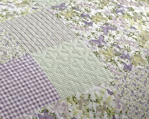 Chezmoi Daisy 3-Piece Quilt Set - Purple Butterfly Botanical Print