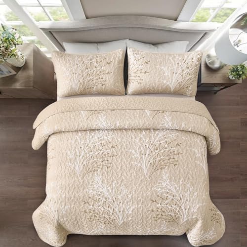 DJY Beige Botanical Quilt Set King Size 3 Piece