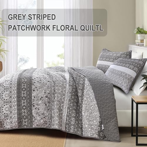 Grey Boho Quilt Set with 2 Pillowcases