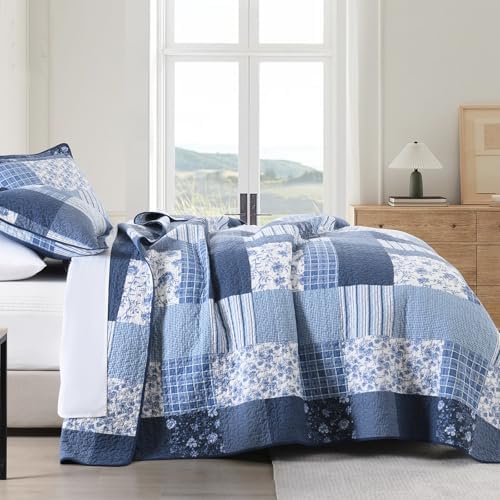 CozyStitch Plaid Queen Quilt Set - BlueWhite