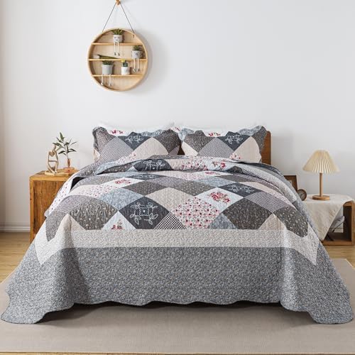 HoneiLife Queen Quilt Set 3 Pieces Grey Border