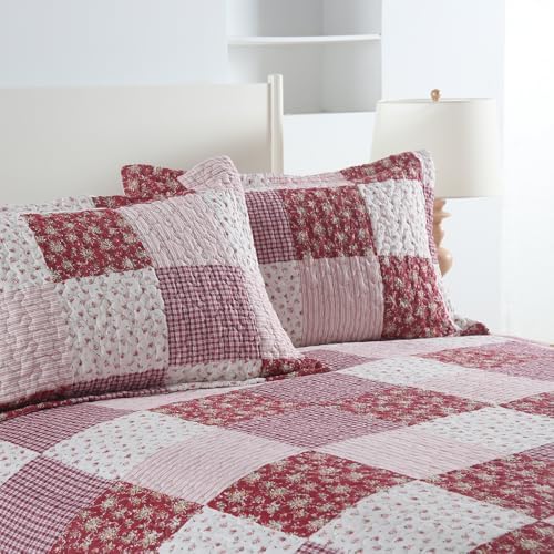 ENASAL Reversible Plaid Flower Quilt Bedspread Set King Size