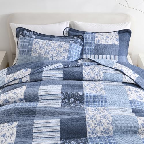 CozyStitch Plaid Queen Quilt Set - BlueWhite