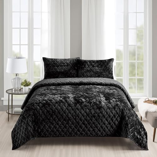 Fredsure Distressed Velvet Quilt Set 3pc Black Queen