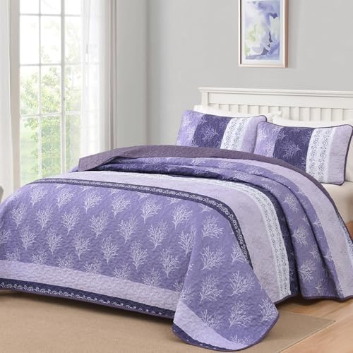 DJY Boho Quilt Set King Size Purple Striped Bedspread
