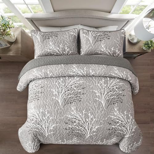 Grey Floral Quilt Set 3 Piece Full Size Bedding Cover