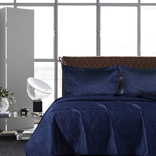 NTBAY King Silk Satin Quilt Set Navy Blue