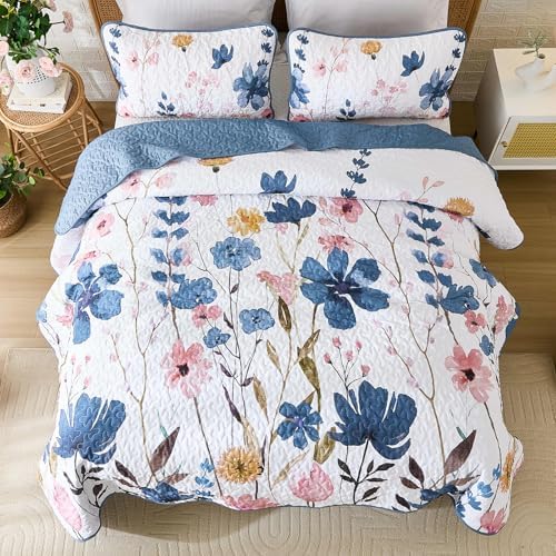 Anibedding Dark Blue Floral Quilt Set King