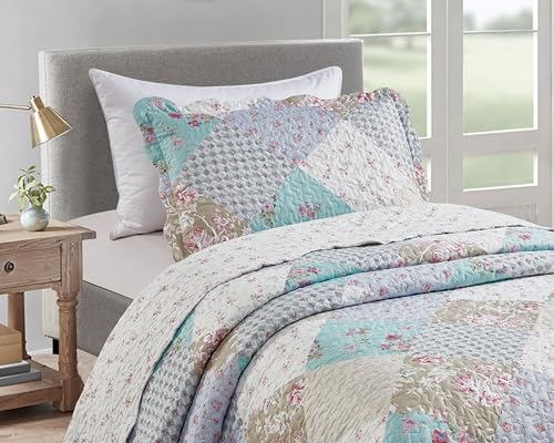 Brilliant Sunshine Blue Green Rose Quilt Set Twin