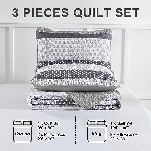 WONGS BEDDING Grey Boho Queen Quilt Set 3 pcs