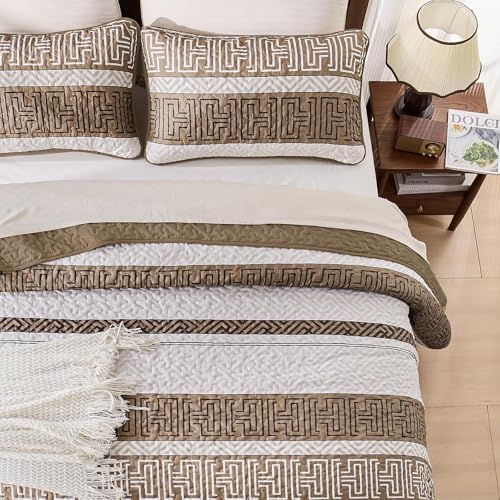 DJY Queen Size Brown Striped Quilt Set 3 Pcs