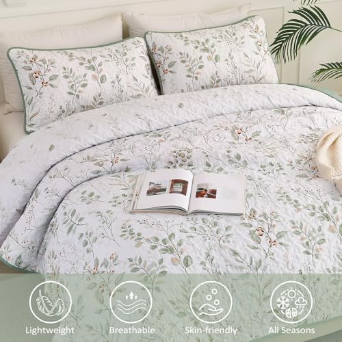 Anibedding Queen Size Quilt Set with Green Floral Pattern
