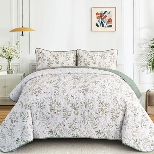 Anibedding Queen Size Quilt Set with Green Floral Pattern