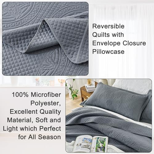 Qucover King Size Bedspread 3-Piece Set Dark Grey Persian Pattern