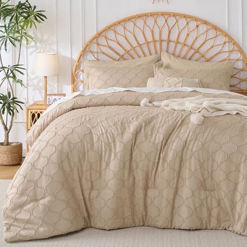 KAKKI Queen Beige Comforter Set - 3 Piece Boho Bedding