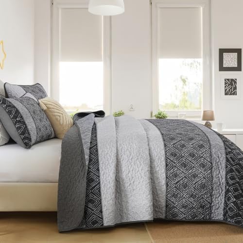 Cottolester Boho Quilt Set 3 Pieces Full Size Grey Striped Plaid