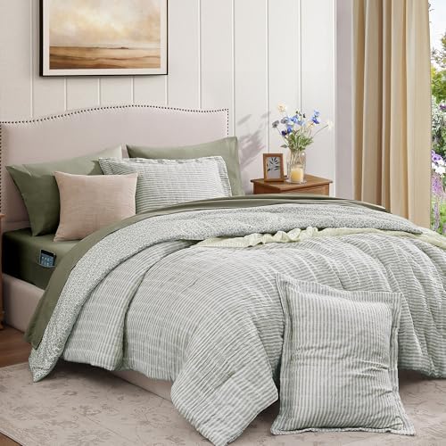 BLOOMHAVEN Full Comforter Set 7 Pieces Green Gauze Muslin Bedding