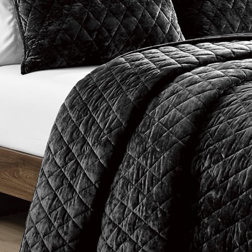Fredsure Distressed Velvet Quilt Set 3pc Black Queen