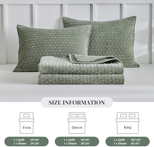 WARMDERN Velvet Quilt Set King Size Green 106 x 96